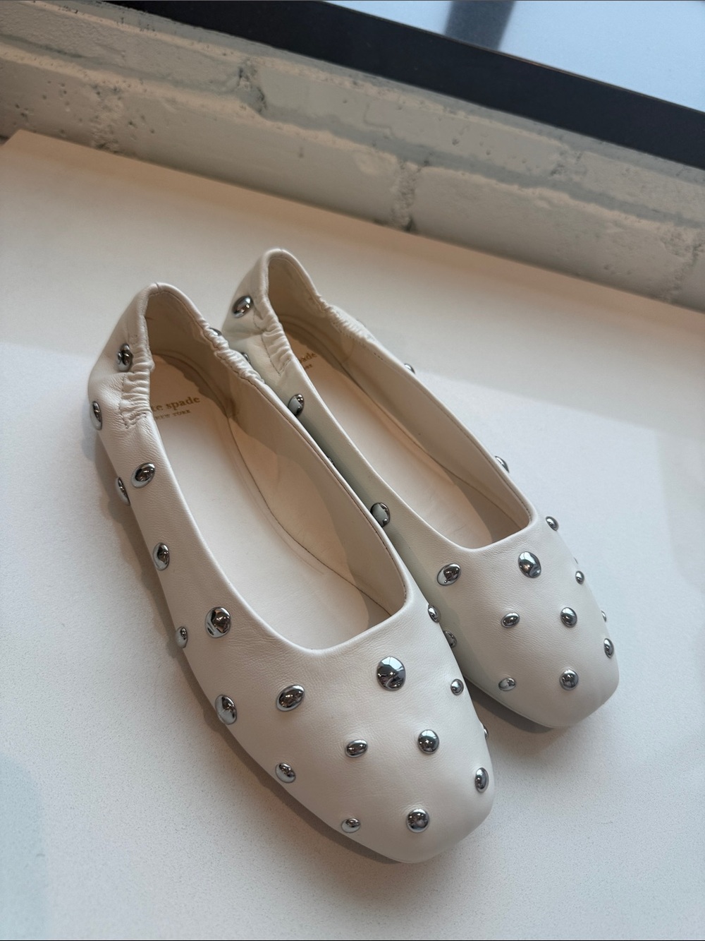 kate spade Ivory Leather Studded Ballet Flats